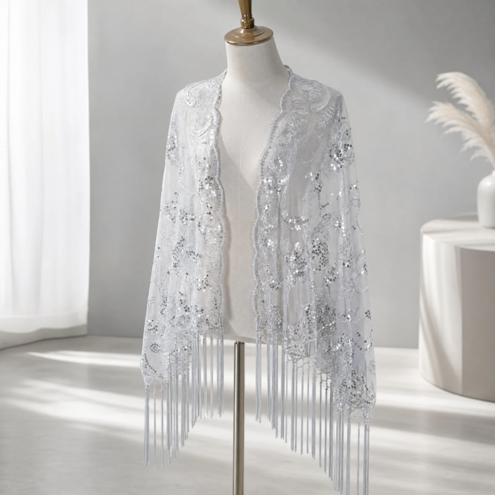 Floral Embroidered Shawl with Sequins Lightweight Translucent Mesh Shawl Open Front Cape with Fringe Shimmering Bridal Gown Wrap