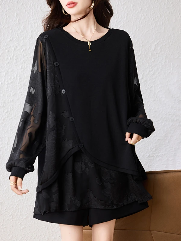 T-shirt da donna allentata di grandi dimensioni efficace dimagrante Patchwork pancia nascosta autunno Ele Sle Long Sve Crew Ne