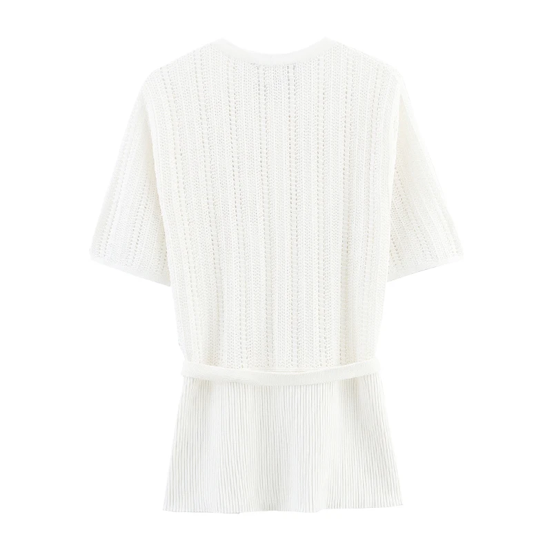 Letnia dzianinowa kurtka damska z paskiem, ażurowa, z włókna poliestrowego, dekolt w serek, krój regularny, do pracy, elegancka, Z