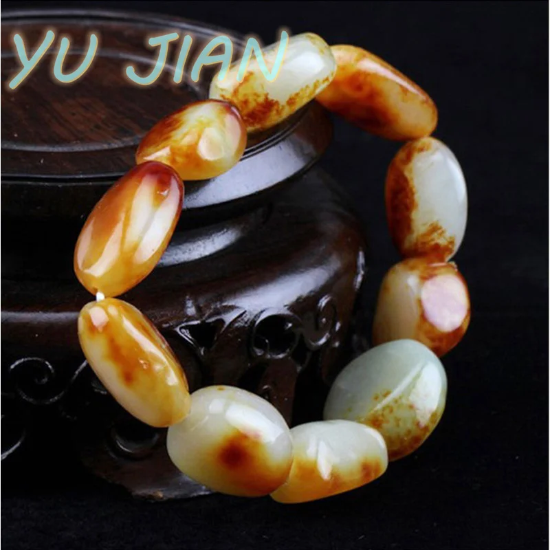 

Genuine Natural Hetian Jade Belt Leather Raw Seed Bracelet Weaving Huang Qin Irregular BANGLE Loose Beads Handring Jewelry