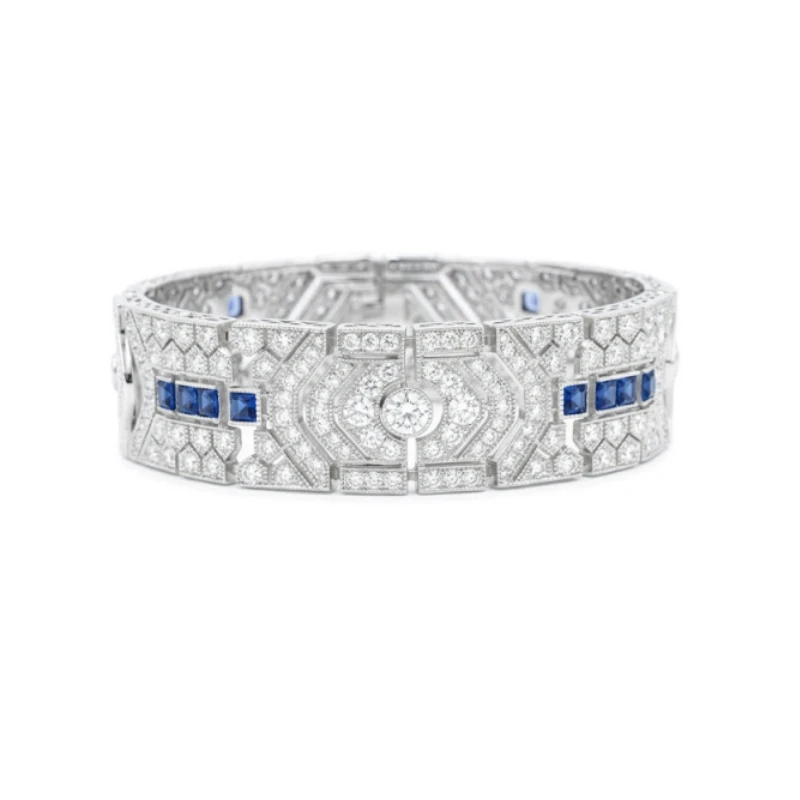 

Bellux 925 Silver White Gold-plated Synthetic Zircon Bracelet Full Diamonds Cobalt Spinel Art Deco Royal Blue Vintage Bracelet