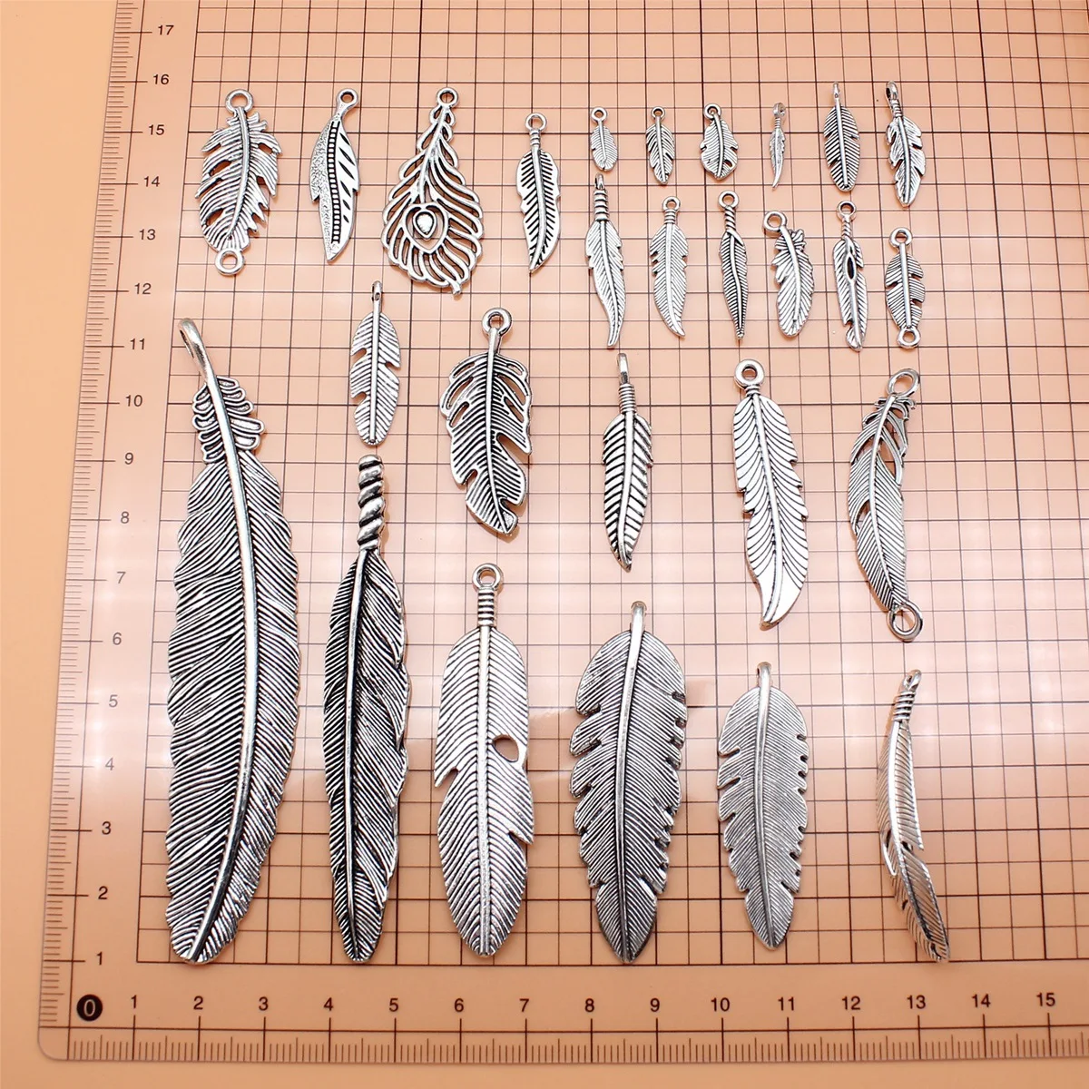 27pcs Antique Silver Color Feather Charms Collection For DIY Jewelry Making, 27 Styles, 1 of Each