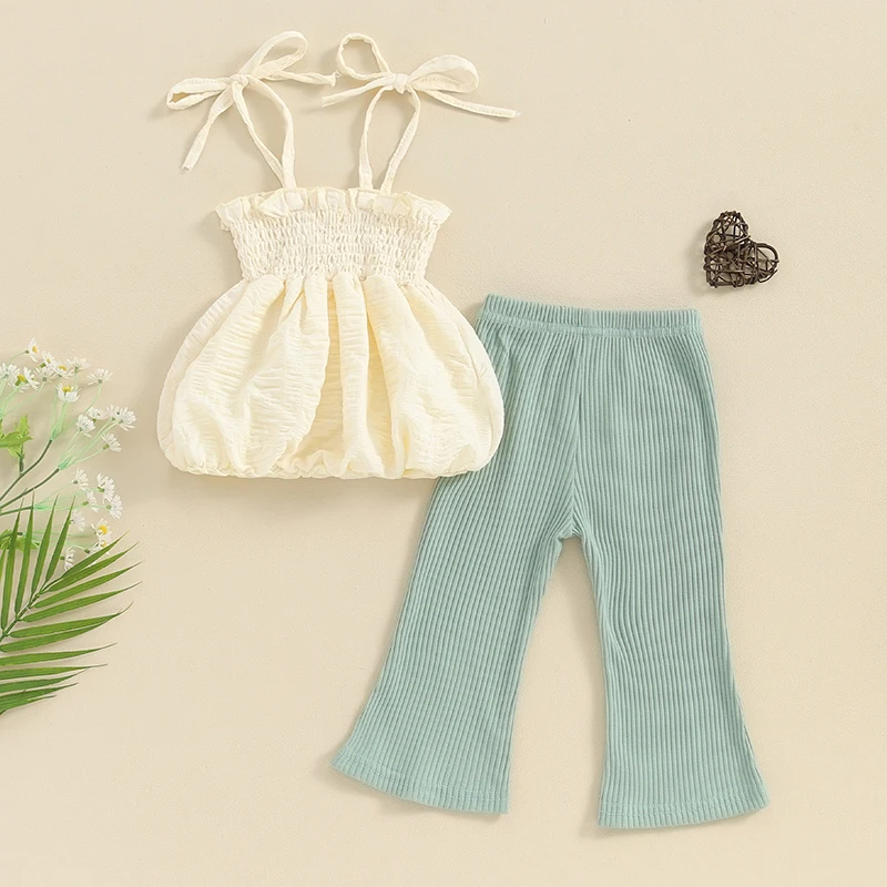 

Toddler Baby Girl Clothes 2pcs Sleeveless Ruffled Cami Top Smocked Top Ribbed Flare Pants Set Summer Outfit