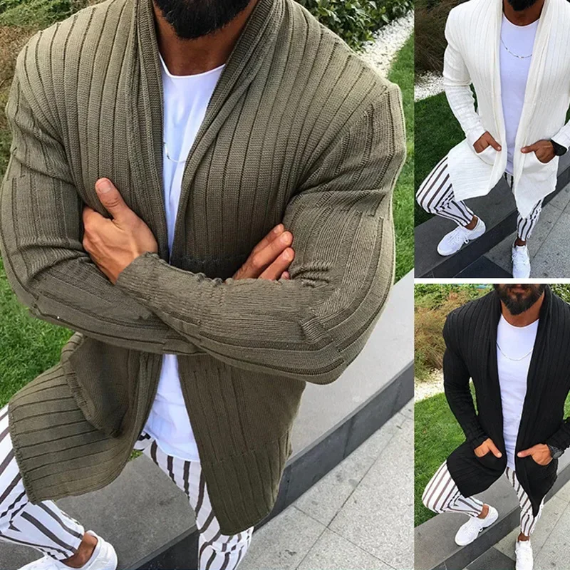 Sweater Cardigan  Autumn and Winter Solid Color Slim Long Sleeve Lapel Knit Cardigan Coat Men