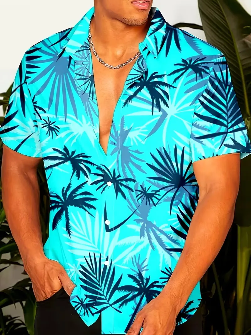 

Мужская гавайская рубашка с принтом пальм и тропических листьев, короткий рукав, на пуговицах, пляжная рубашка в кубинском стиле для отпуска