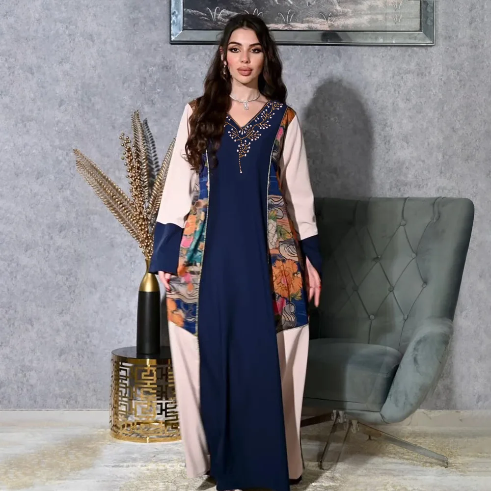 UNI 2025 Eid musulman Abaya femmes Robe de soirée col en v imprimé couleur bloquée robes longues Abayas robes Largos caftan Robe