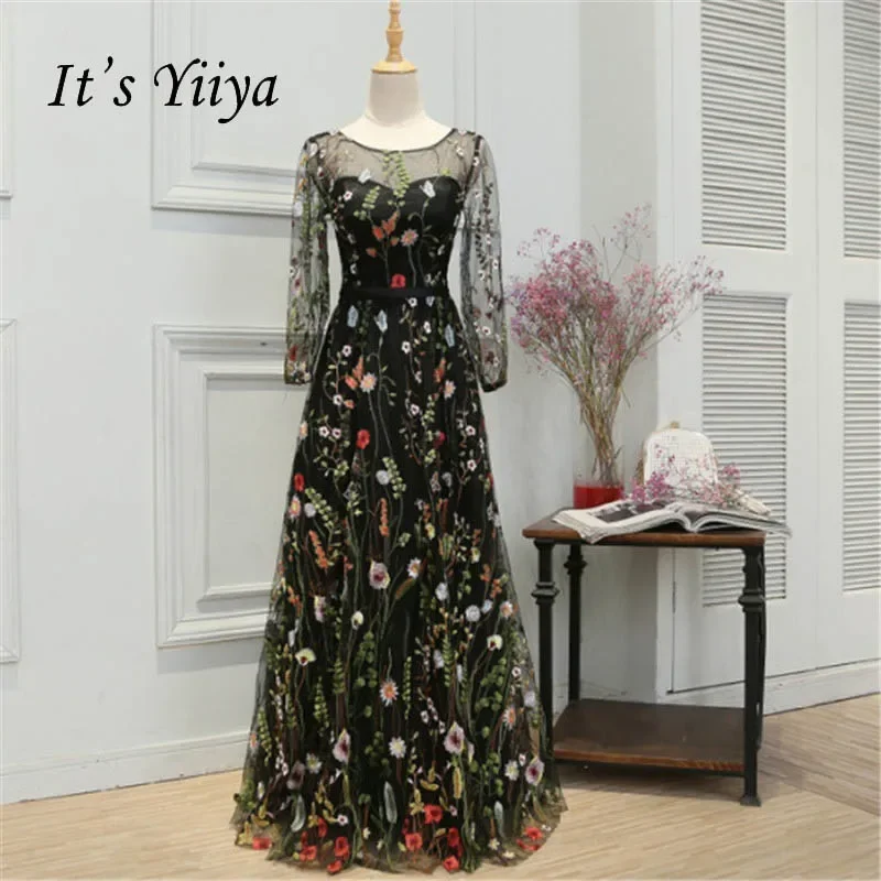 

Customized Evening Dress Black Floral O-neck 3/4 Sleeves Zipper A-line Floor Length Plus size Woman Party Formal Gown MYF066