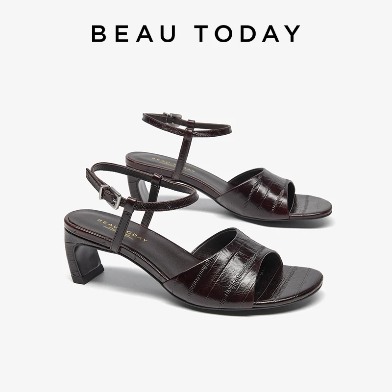 BEAUTODAY Retro Sandals Women Cow Leather Round Toe Hoof Heel Ankle Strap Ladies Party Shoes Handmade 31303