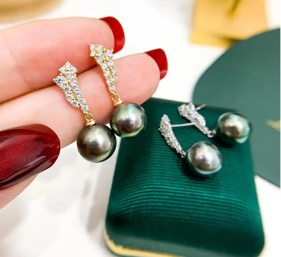 

gorgeous 10-11mm south sea black green round pearl earring 925s