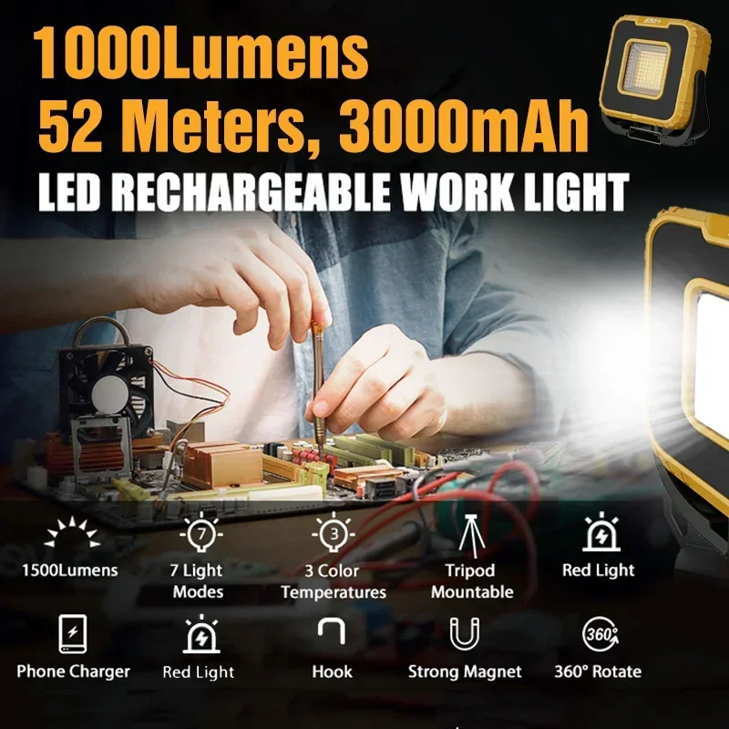 Powerful LED Work Light 1000LM Rechargeable Magnetic Work Light 360° Rotation Outdoor Waterproof Mulitifunctional Camping Light