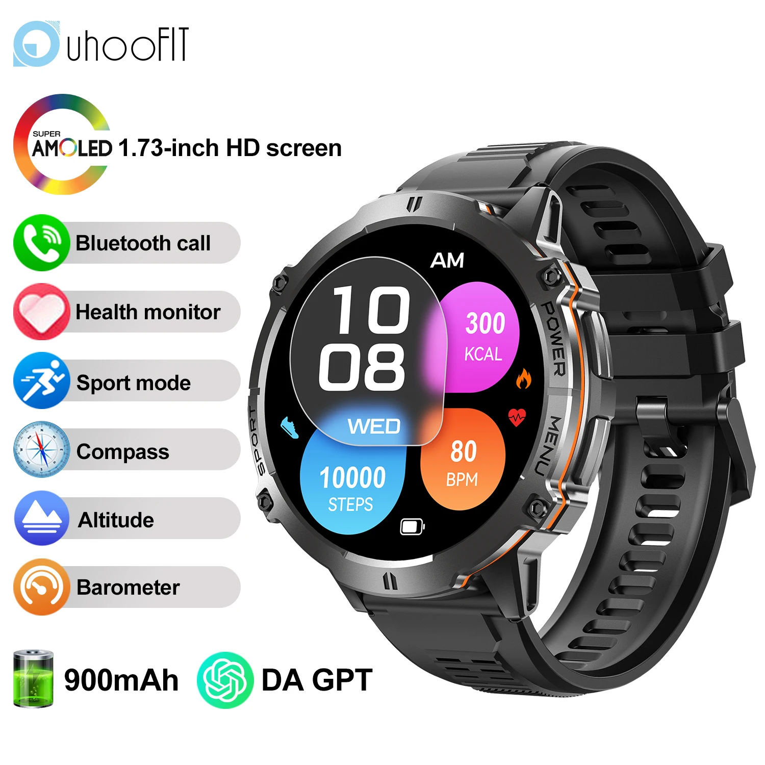 

1.73" AMOLED Smart Watch Men 900mAh DA GPT GoMore Algorithm Altimeter Barometer Health Monitor Sport Fitness Women Smartwatch