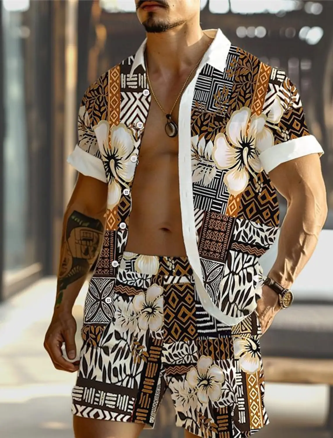 

Short-sleeved Button-down Shirt, Men's Retro Hawaiian Print Shirt And Shorts, Two-piece Set, Men's Casual Vacation Shirt Set