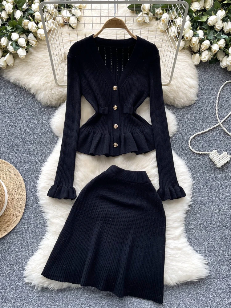 Women Casual Street Two-piece Set Autumn V-neck Ruffled Knit Sweater High Waist Hip Hugging Short Skirt Two-piece Set for Women