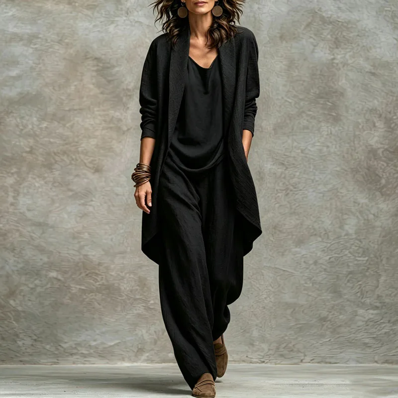 New Women Lightweight 3 Piece Outfit Open Front Long Coat + Top + Wide Leg Pants Set Casual Office Autumn Bohemian Matching Suit
