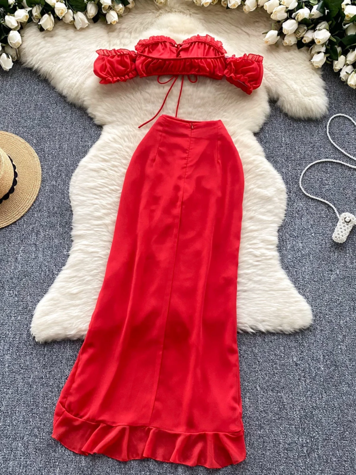 

Spicy Girl Sle Ruched Lace Crop Top + High Waist Slimming Split Hem f-length Skirt Set Women's Faion Summer Outfit