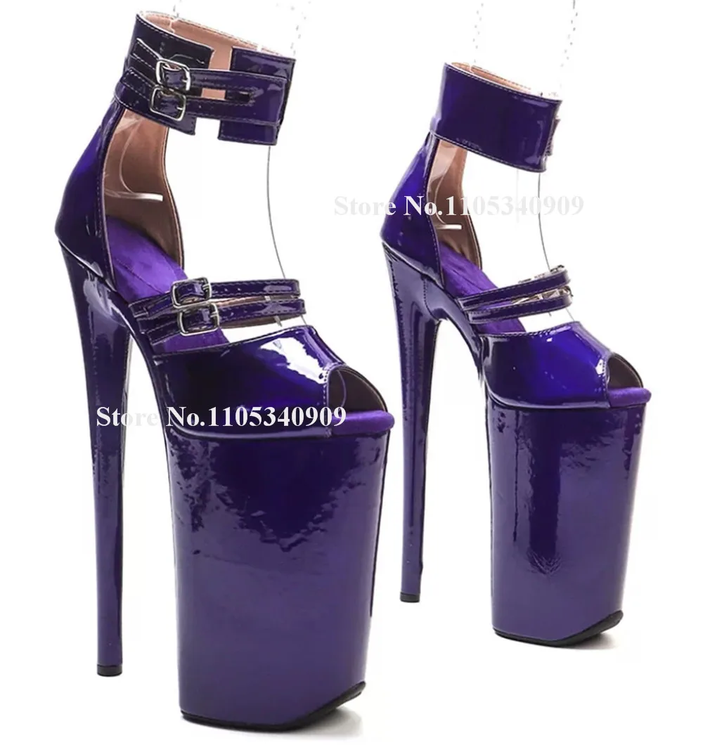 Bondarenko Purple Patent Leather Stiletto Heel Pumps Peep Toe Ankle Straps High Platform 20cm Thin Heel Party Heel Dance Shoes