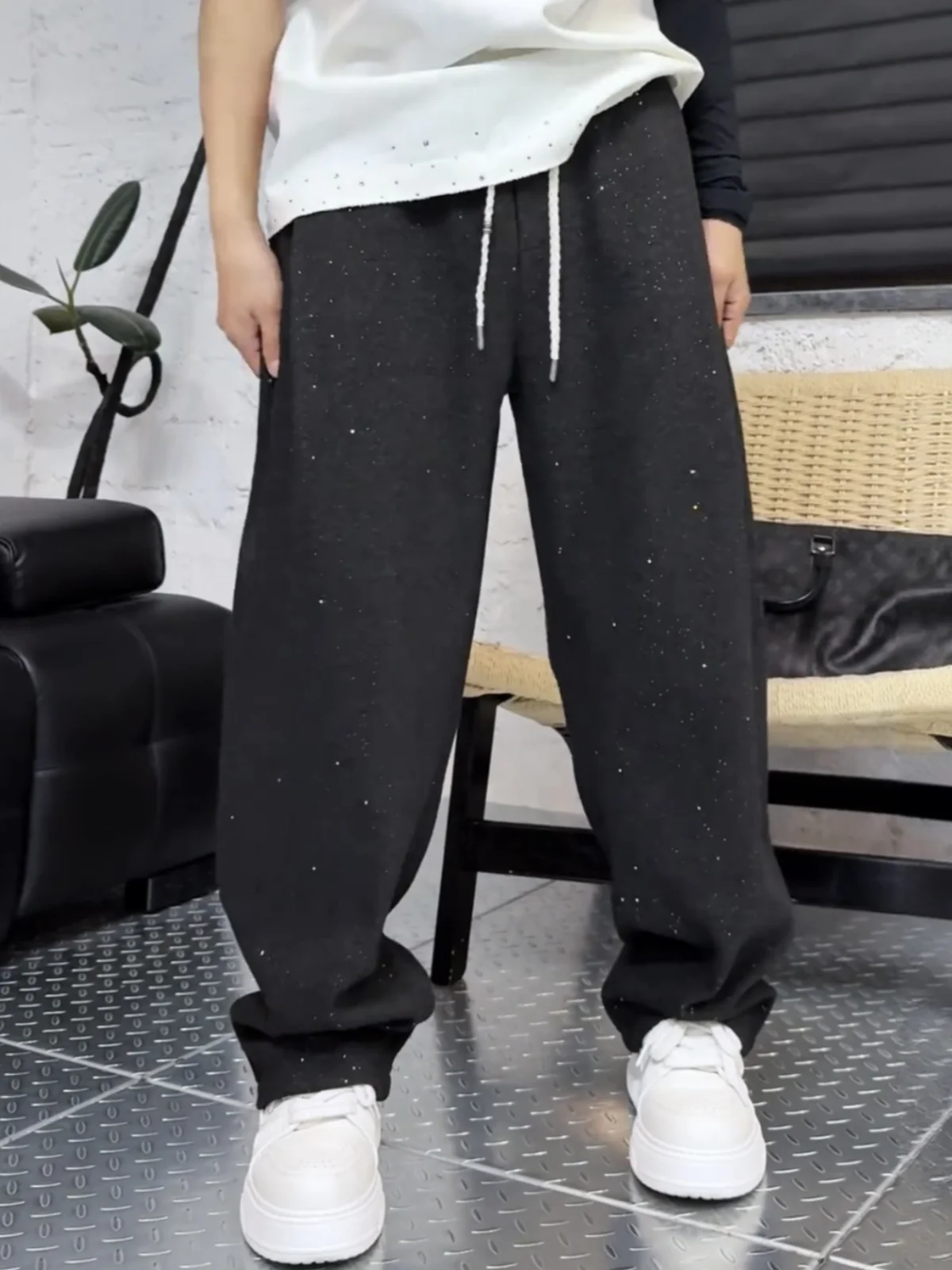 

Мужские зимние повседневные брюки прямого кроя на флисовой подкладке с пайетками, широкие спортивные брюки свободного кроя