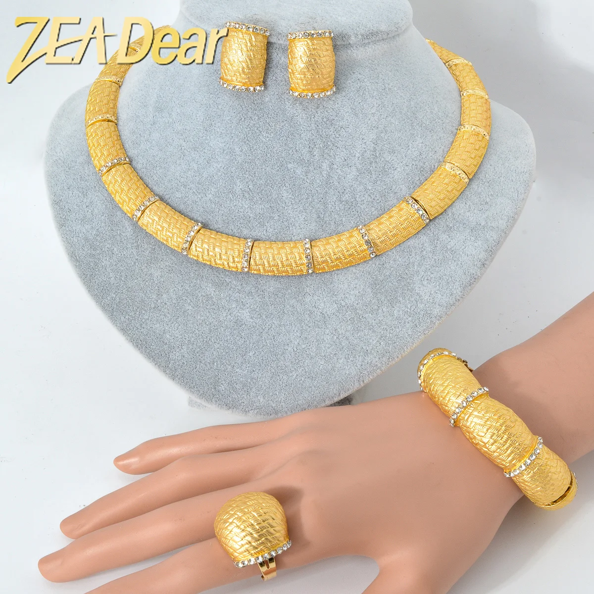 

ZeaDear Italian Wedding Jewelry 4 Pcs/Set Luxury 18K Gold Color Collar Necklace Earrings Ring Bracelets For Bridal Gifts African