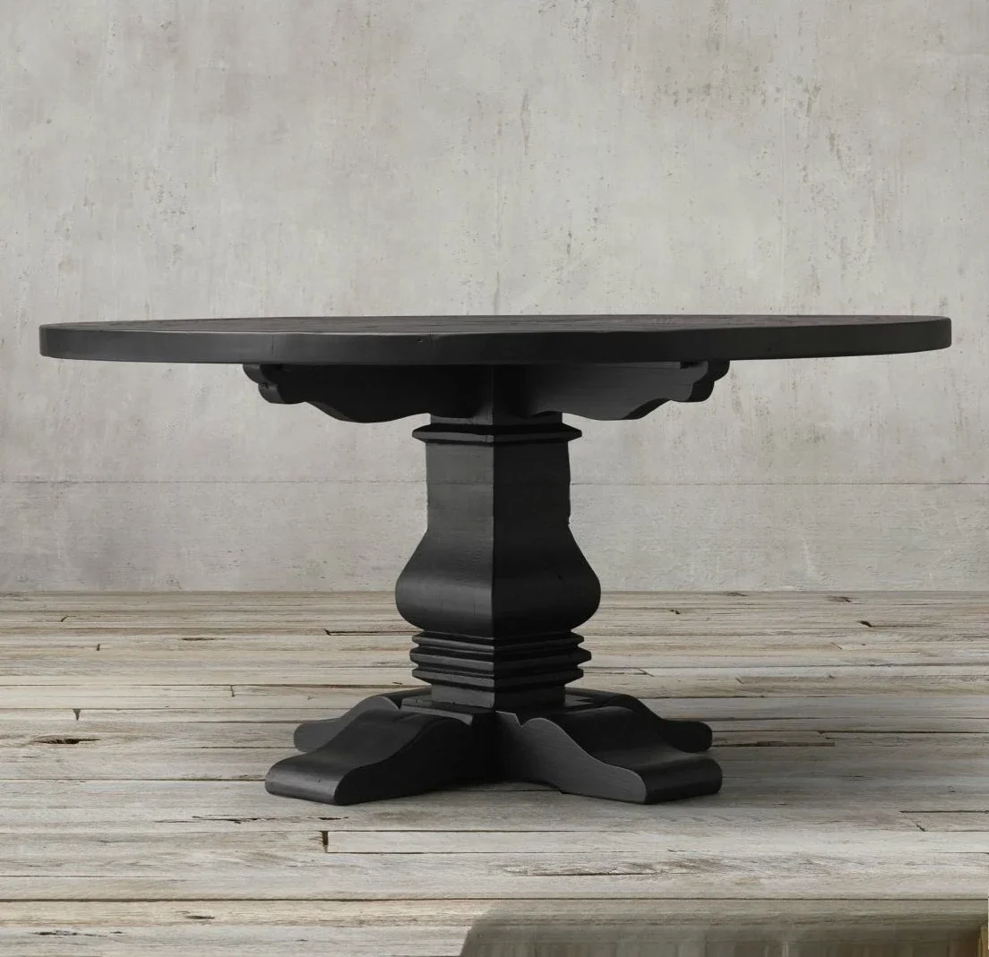 アメリカ産無垢材ダイニングテーブル家具 ダイニングルームログ彫刻 古材丸テーブル 1テーブル4脚組み合わせ