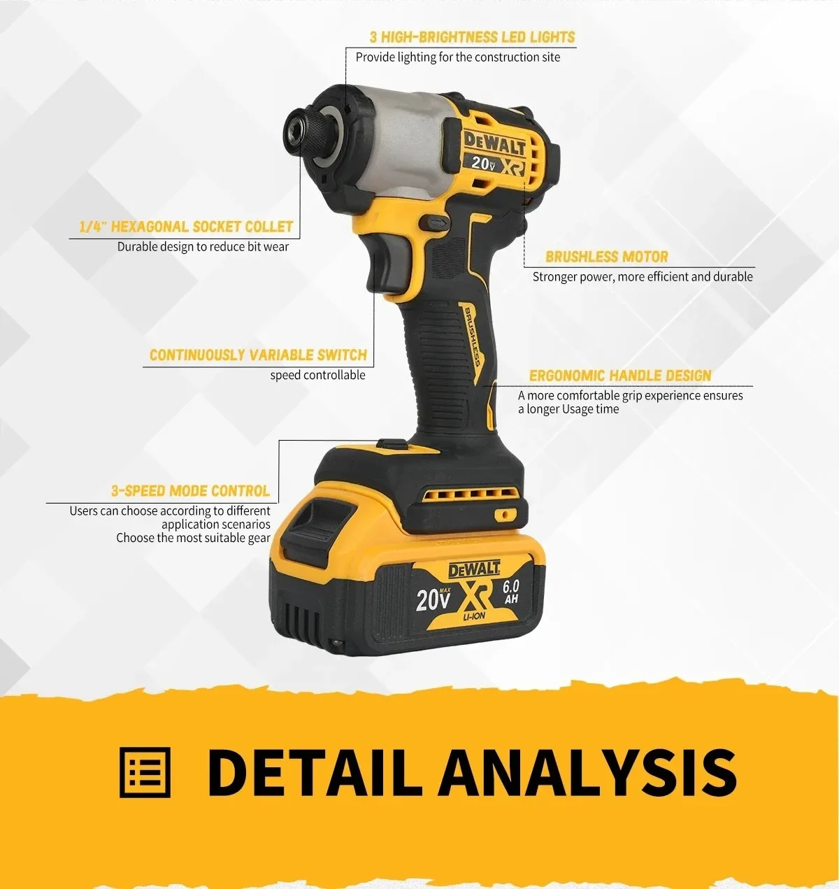 DEWALT Impact Electric Driver 20V Bürstenloser Akkuschrauber 205 Nm Elektrowerkzeuge mit hohem Drehmoment, einstellbare Geschwindigkeit DCF845 – Detail 2