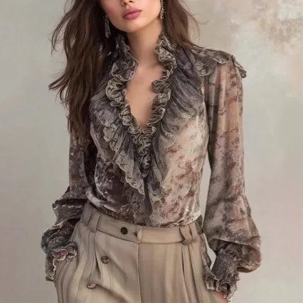 Damenbluse mit Vintage-Blumendruck, elegante, mehrlagige Rüschen, V-Ausschnitt, lange Puffärmel, Chiffon, lässige, lockere Vintage-Urlaubsbluse