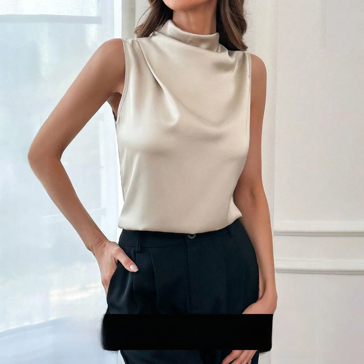 Women's Casual Ruched Mock Neck Tank Tops Summer Blouses Zipper Style Commute Fashion Pure Color Inner Wear Regular Length