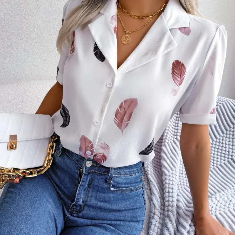 Spring and Summer Temperament Suit Collar Feather Loose Short Sleeved Shirt Women's Clothing