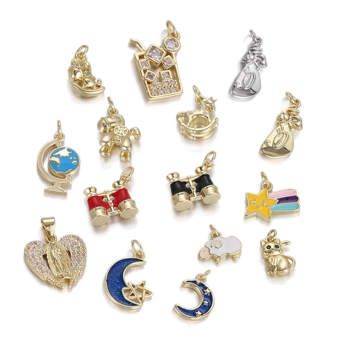 

3Pcs Brass Plated Enamel Animal Pendant Diy Charm Jewelry Making Cup Globe Telescope Horse Moon Star Heart Cat Zircon Accessorie
