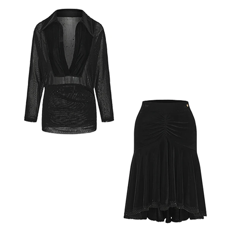 Nieuwe DUYQ Sexy Prestaties Kostuums Latin Dans Kleding Losse V-hals Tops Fluwelen Verstoorde Rokken Chacha Rumba Tango Jurk DN22434