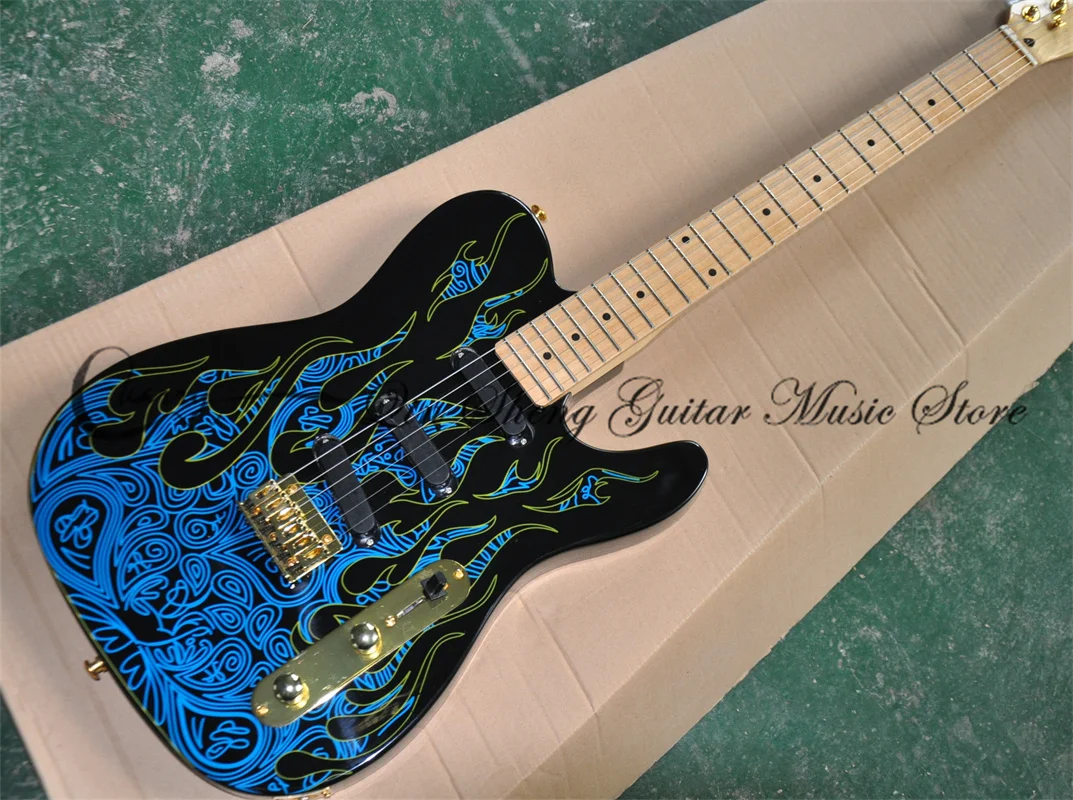 6 string electric guitar,Tel guitar,blue fire pattern guitar,SSS pickups,gold bridge,maple neck,gold buttons