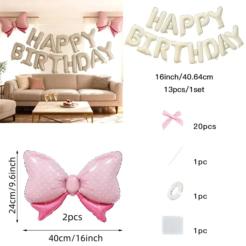 Cremefarbene Happy Birthday Luftballons mit Rosa Schleife 16 Zoll Beige Happy Birthday Buchstaben-Ballonbanner für Coquette Geburtstagsdekoration – Detail 5