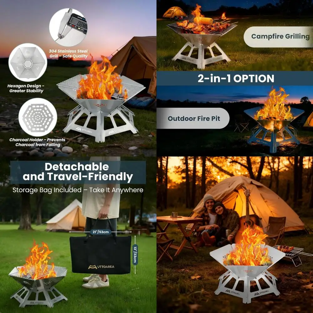 

Складная костра из нержавеющей стали с грилем и сумкой, портативная уличная жаровня древесины для патио, заднего двора, кемпинга, пляжа