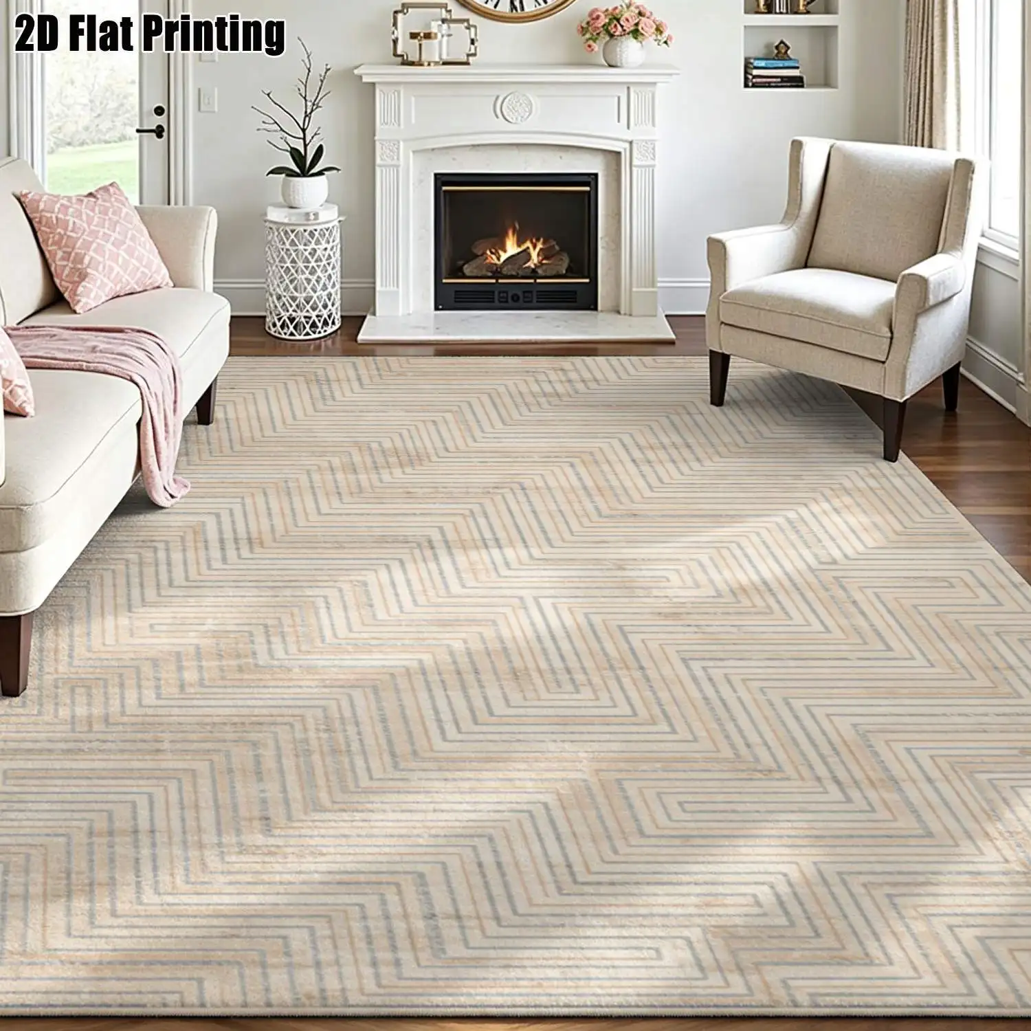 1Pc 2D Printed Beige Geometric Stripe Nordic/Modern Minimalist Retro Carpet: Machine Washable, Multi-Size, Home Decor for Living Room, Bedroom, Dining Room, Entrance, Study