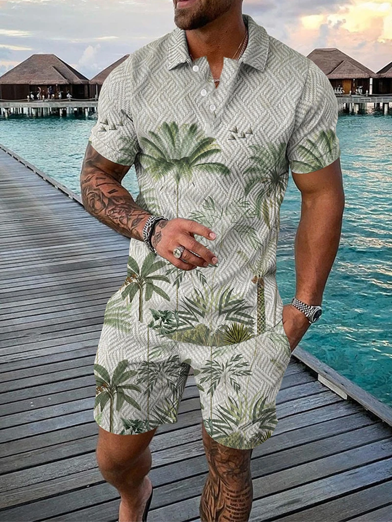 Tuta da uomo estiva stampa 3D Beach Coconut Trees Button Polo + Shorts Set di due pezzi Fashion Casual Man abbigliamento tuta Set