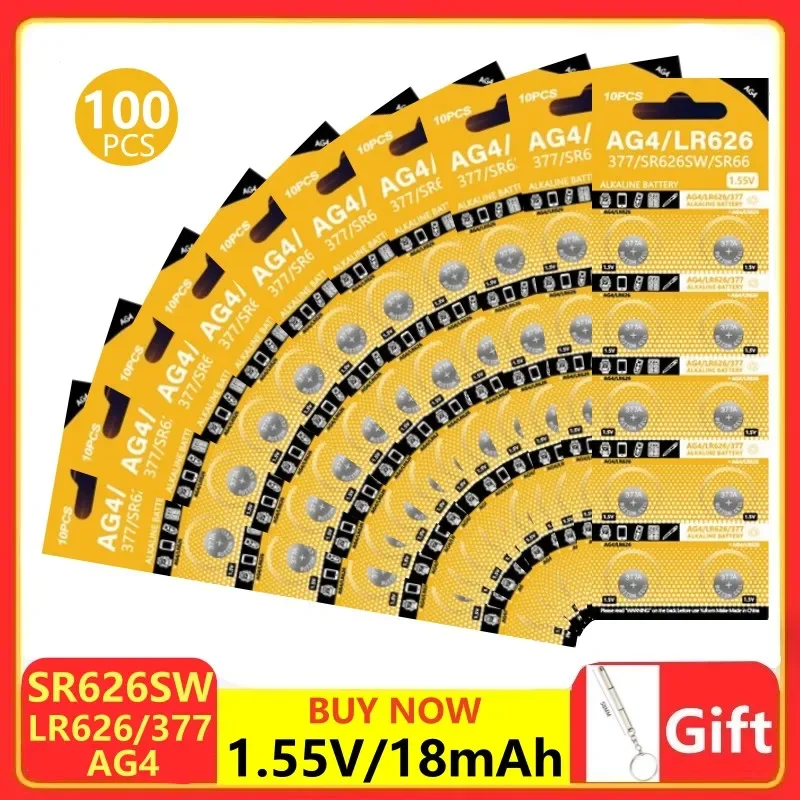 

100PCS 377 376 SR626SW AG4 LR626 Watch Batteries,1.55V Long Lasting Coin Cell Battery for Toy Remote Control Mini Radio