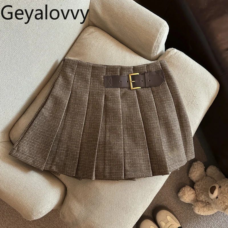

Британский стиль, ретро клетчатая шерстяная вышивка, украшенная плиссированная мини-юбка трапециевидной формы для женщин, новый осенне-зимний дизайн, короткие юбки