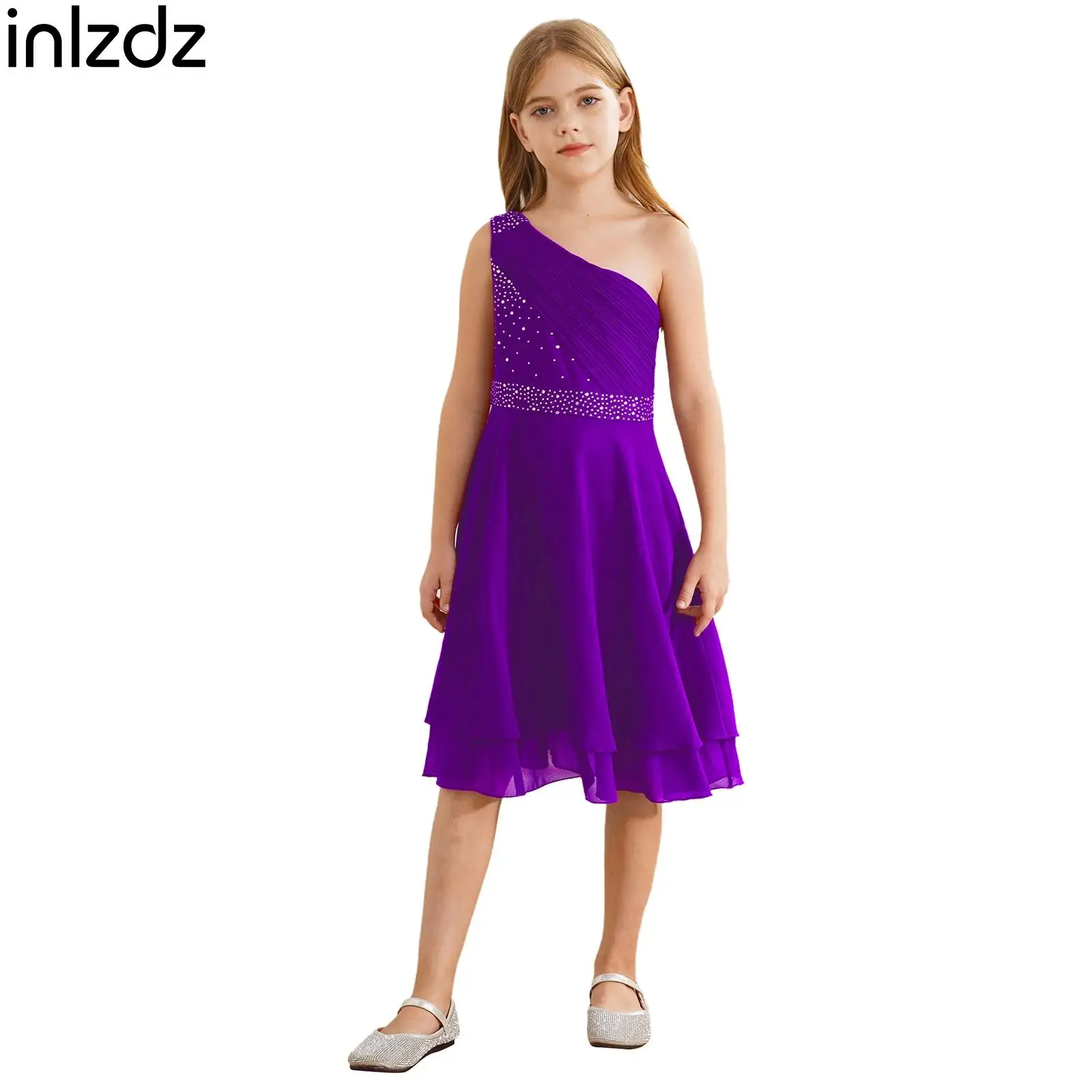 

Kids Girls Shiny Rhinestone Chiffon Dresses One Shoulder Sleeveless Ruched Tiered A-line Skirt Party Gown Wedding Flower Girl