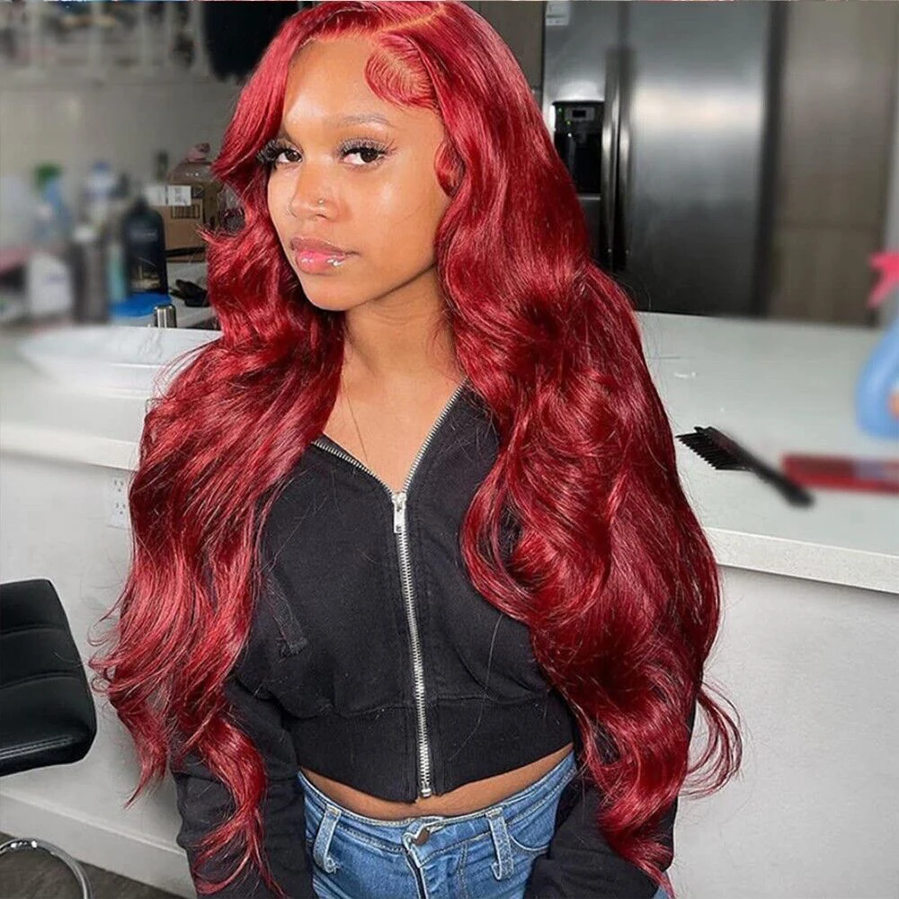 Burgundy 99J 13x6 Body Wave Lace Front Human Hair Wig 13×4 HD Transparent Lace Frontal Wigs Brazilian Red Colored  Wig for Women