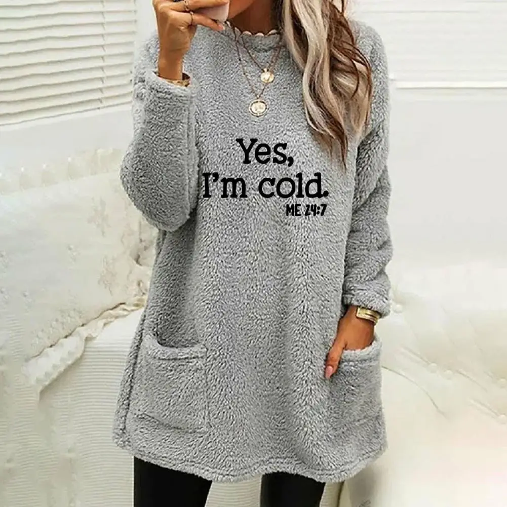 

Winter Fall Sweatshirt Round Neck Thick Plush Sweatshirt Loose Mid Length Pockets Pullover Warm Lady Spring Sweatshirt