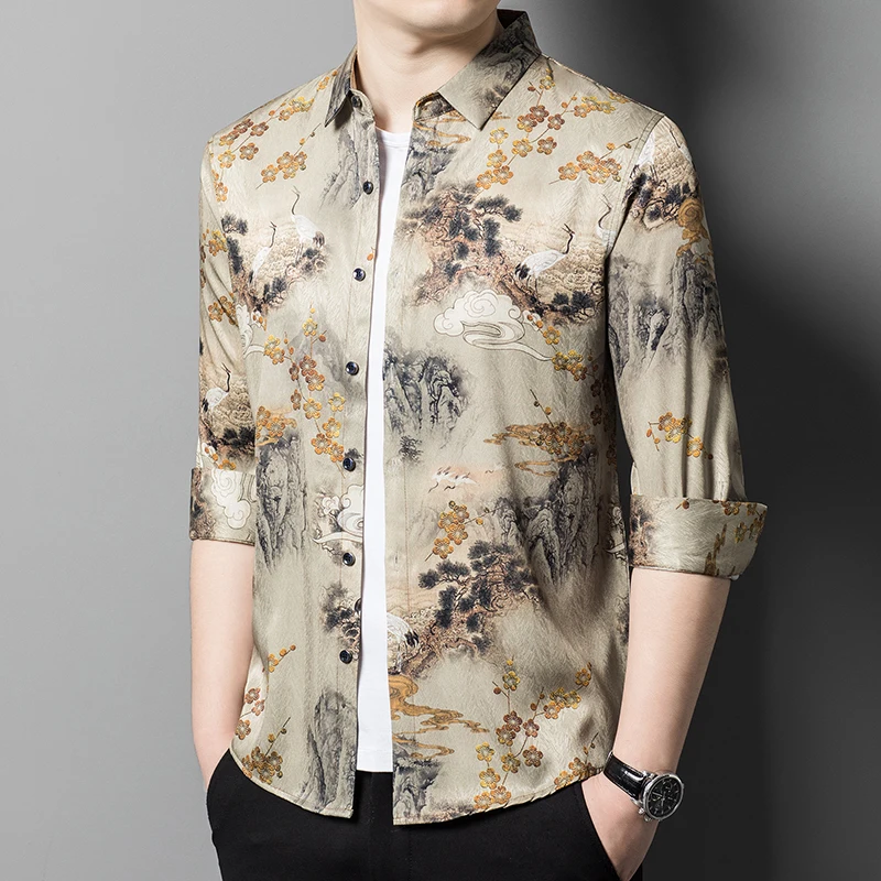 New Landscape Printing Silk Clothes Mens 2023 Spring & Autumn Elegant Flowers Shirt Long Sleeve Smooth Satin Silk Dress