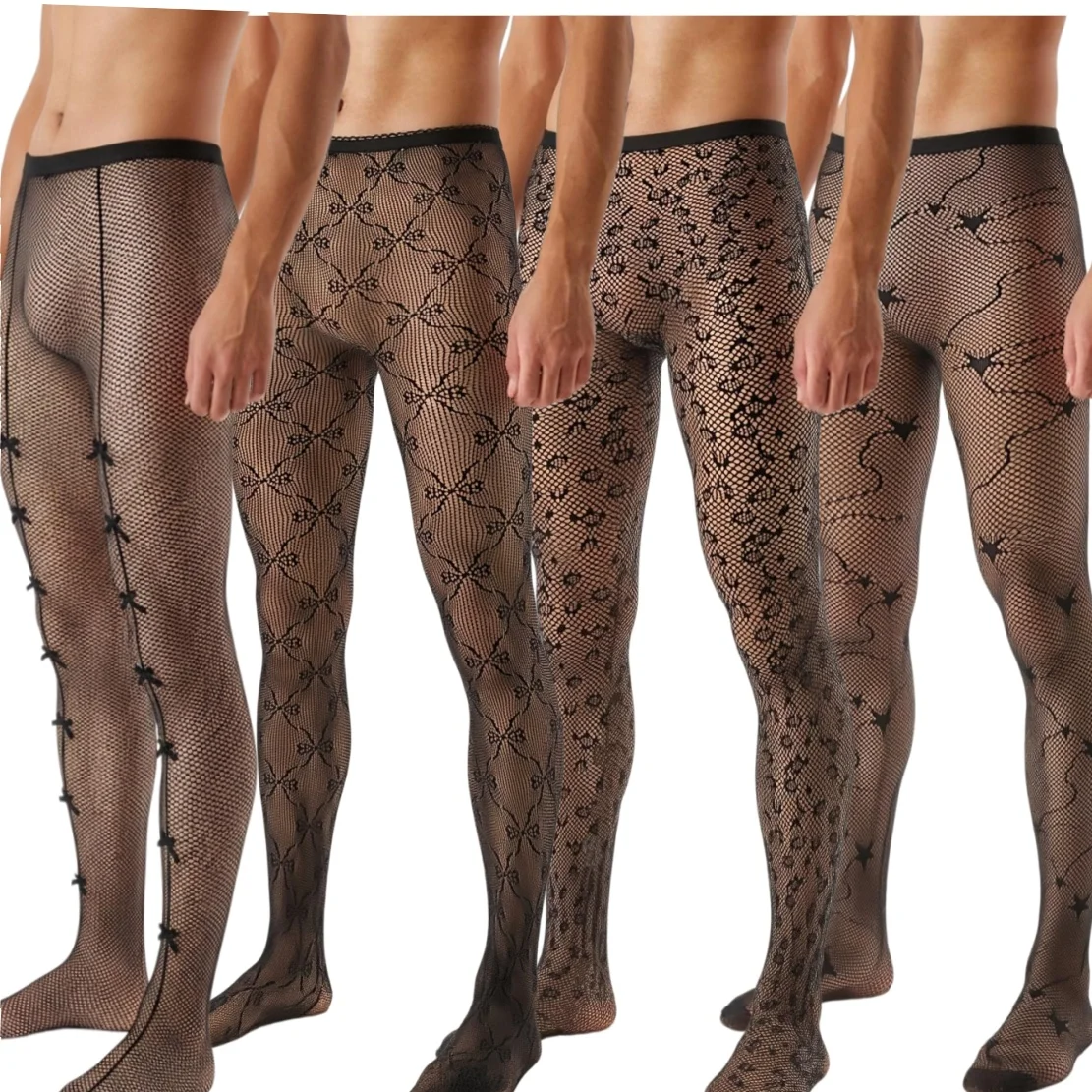 Men Fishnet Tights Bow Star Floral Pattern Mesh Pantyhose Stretch See Through Full Length Hosiery Male Club Party intimate