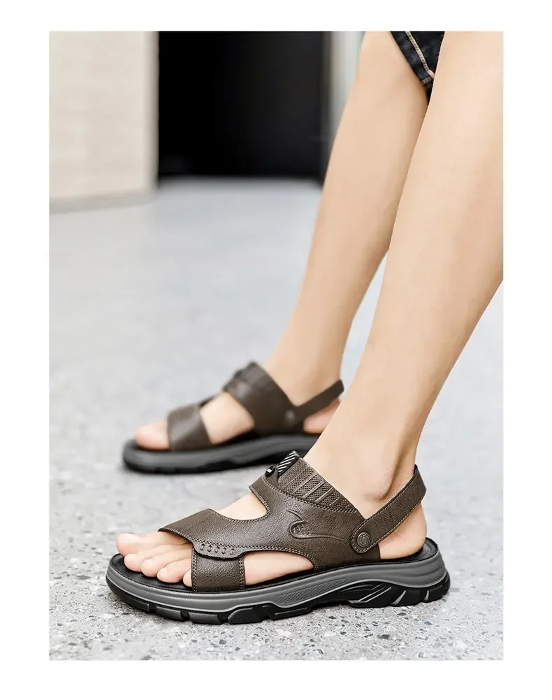 New Summer Man's Leather Open Toe Casual Sandals Soft Sole Non Slip Dual Purpose Outdoor Beach Sandals Slippers