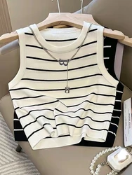 Spring Summer Striped Knitted Sleeveless Top High Waist Navel Short Vest T-shirt Tops Tank Top Tops for Women White Corset Top