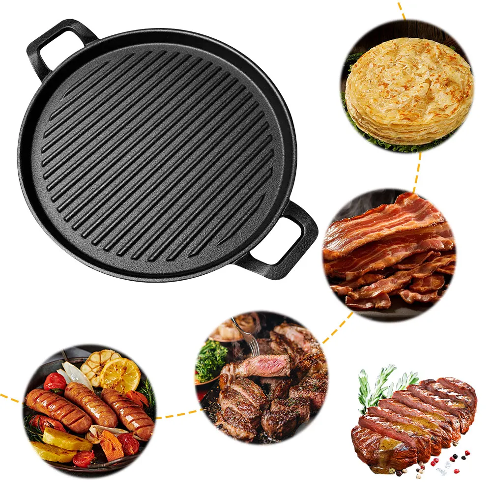 Cast Iron Grill Plate Flat & Ridged Skillet Pan with Handles Frying Pan 12 Inch Griddle Plate for Gas Stove Induction Cooker