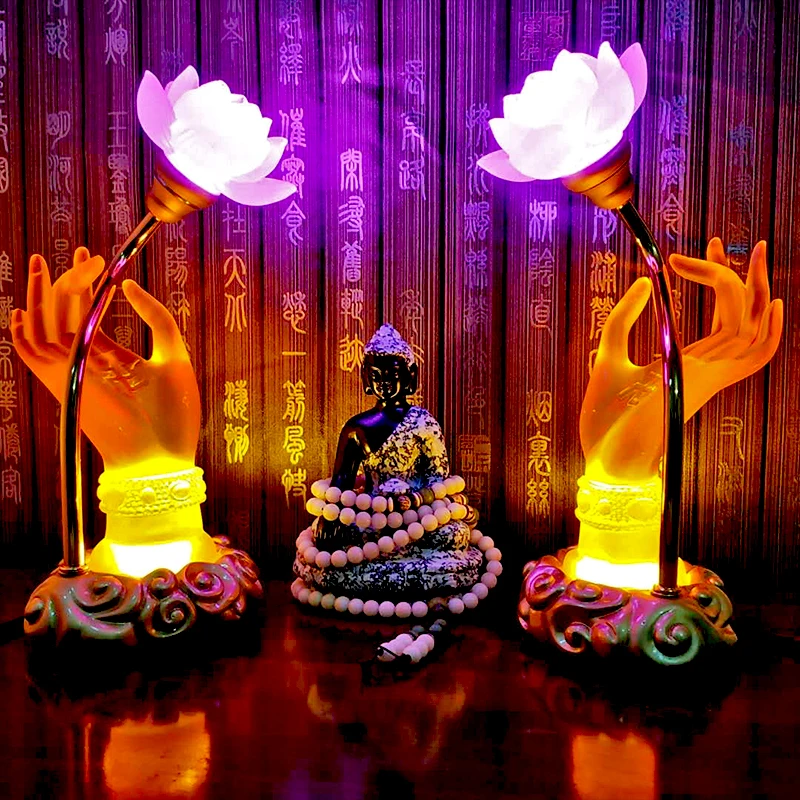 

A Pair 2P Asia Buddhism supply HOME SHOP temple altar worship Guan yin buddha hand flower crystal Plug-in lamp 30cm