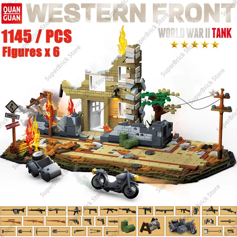 Bloc de construction de scène de campagne de ville avant occidentale de la seconde guerre mondiale, accessoires d'armes militaires, modèle de jouets pour garçons, cadeau, bricolage