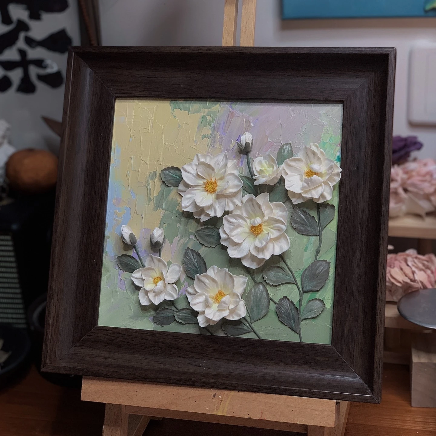 

0076 Spring Flowers Handmade Clay Embossed Floral Wall Art Oil Acrylic Canvas Painting Decor 3D Relief Texture themed Home