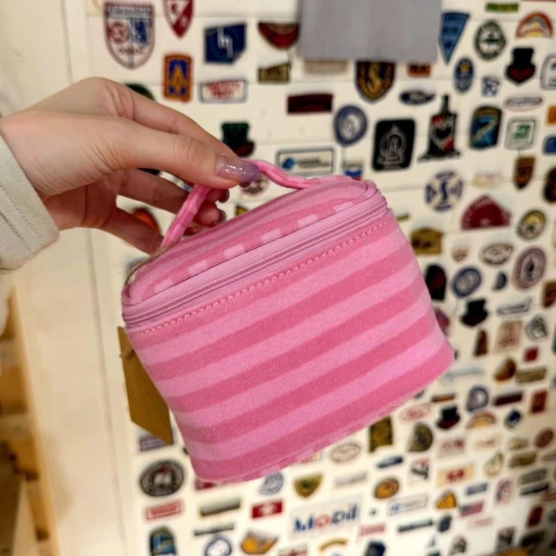 Modische Rosa Gestreifte Kosmetiktasche mit Spiegel, Damen Polka Dot Make-up-Tasche, Tragbare Reise-Lippenstift-Toilettentasche – Detail 24
