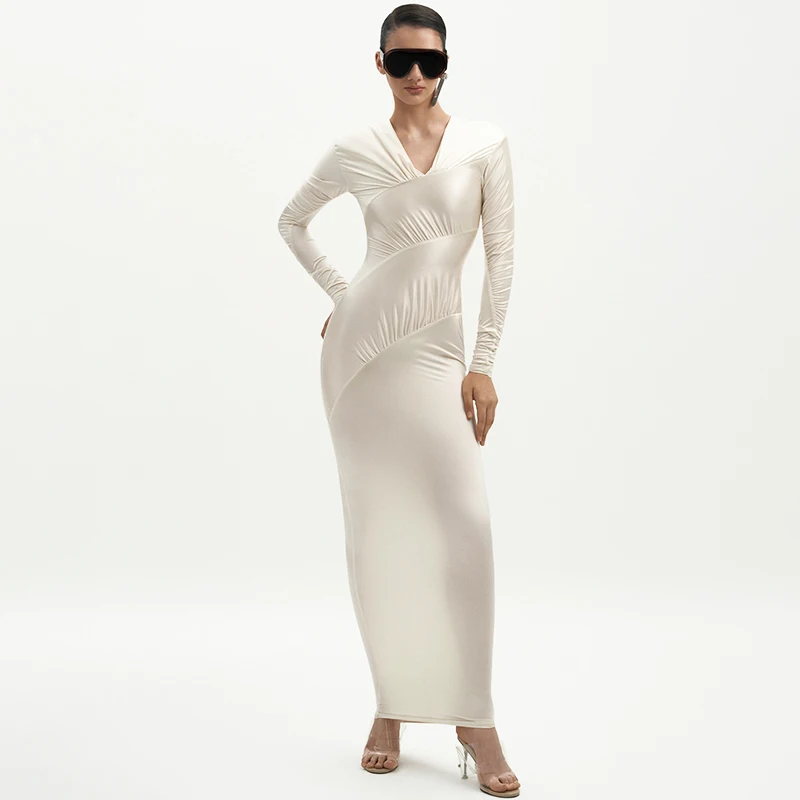 Seksowna europejsko-amerykańska sukienka maxi z dekoltem w serek, długim rękawem, dopasowanym krojem, wysokim stanem i jednolitym kolorem dla kobiet.