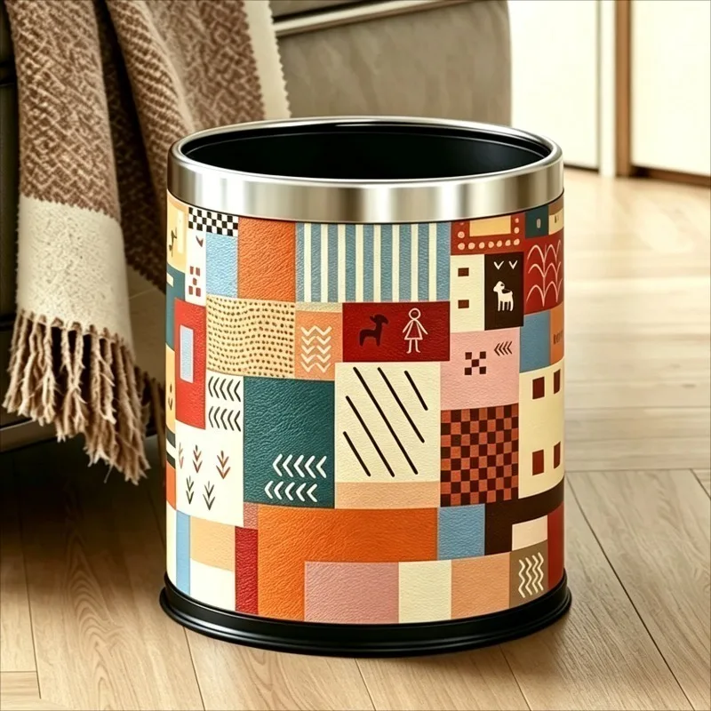 Leather Trash Can Mobile Waste Bin Retro Kitchen Large Capacity Food Waste Recycle Bins Bathroom Decor Trashs Bins with Wheels